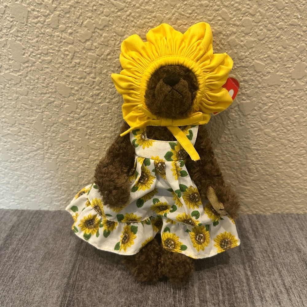 Ty Attic Treasures Susannah Brown Bear Sunflower Dress Yellow Bonnet 8in Plush